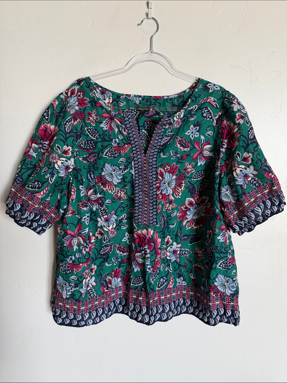 Talbots Green Floral V-Neck Short Sleeve Blouse with Pink & Navy Accents